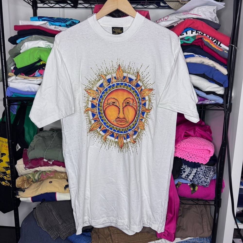 Vintage 90s Smiling Sun Astrology Glitter T-Shirt L